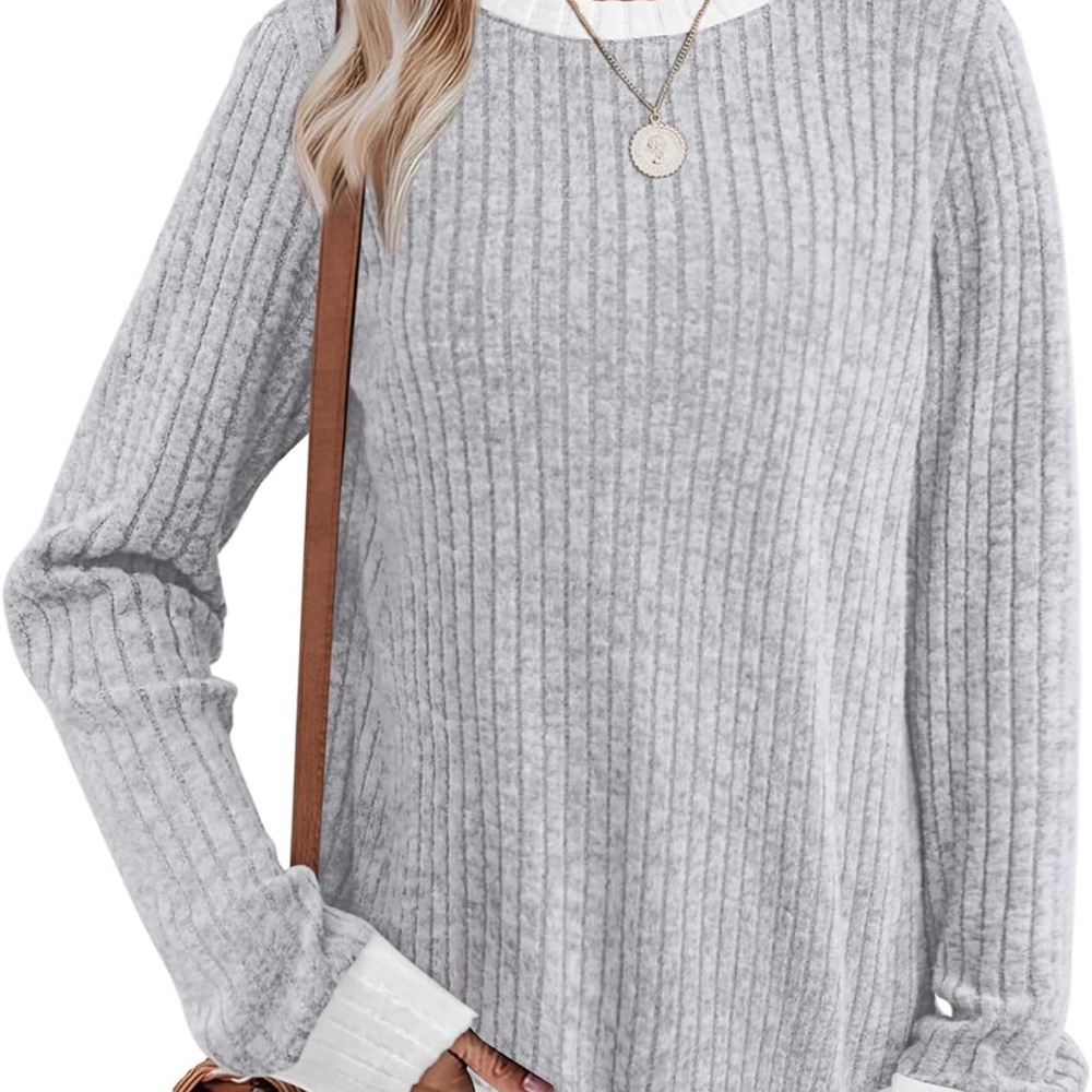 Light Gray Ribbed Crew Neck Sweater - Women's Cozy Knit